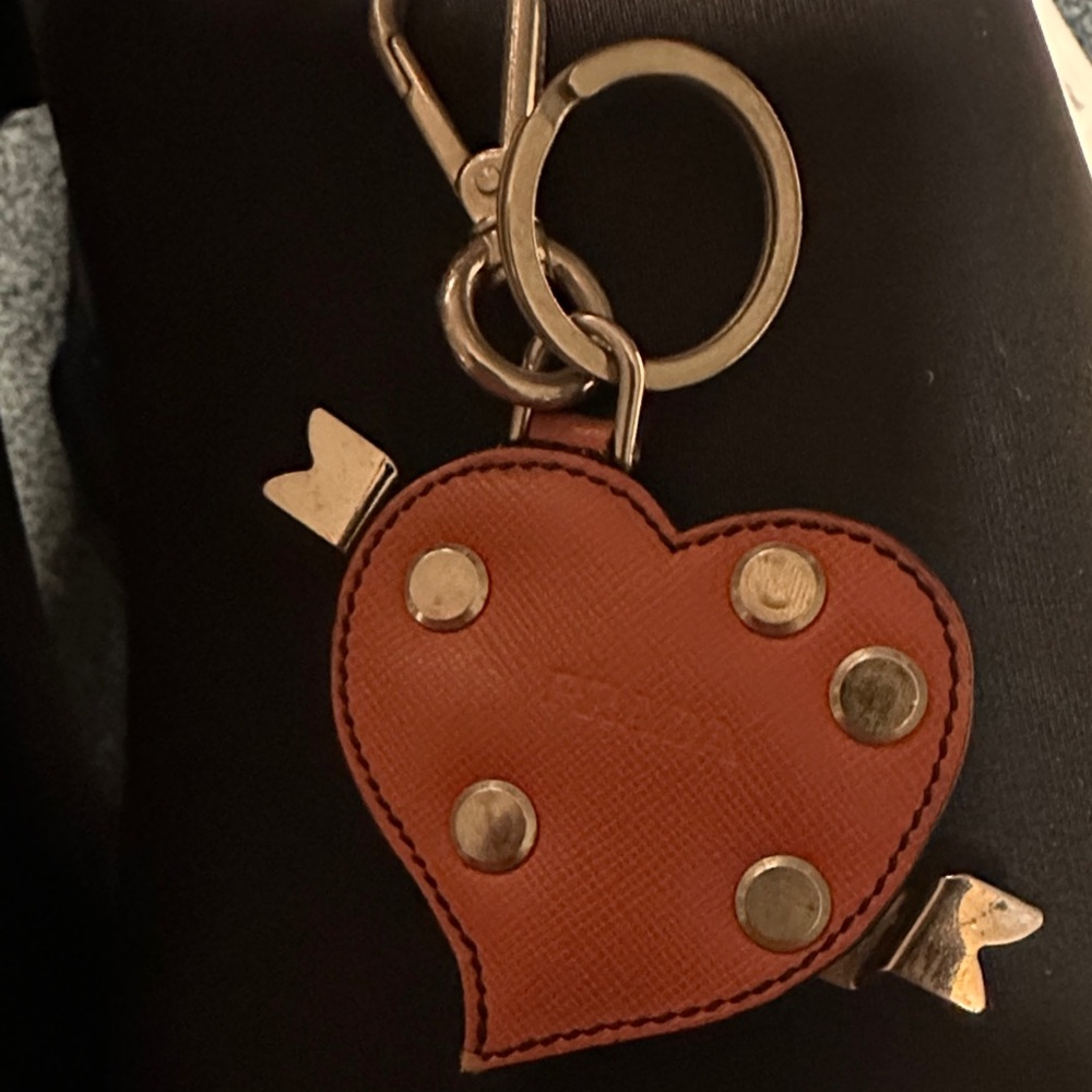Prada red saffiano Heart-Shaped Keychain charm with silver studs $295